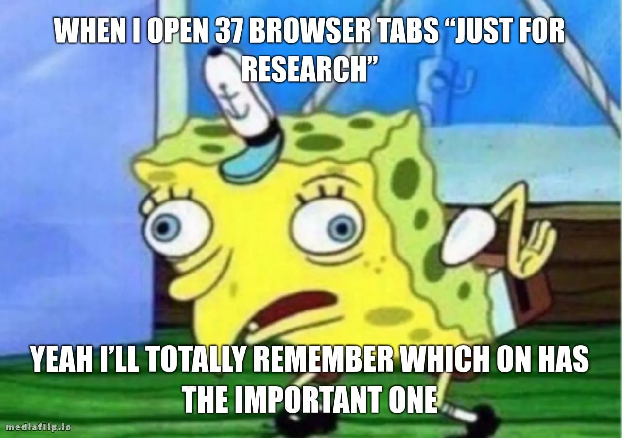 when i open 37 browser tabs “just for research” - yEaH i’Ll ToTaLlY rEmEmBeR wHiCh On HaS tHe ImPoRtAnT oNe