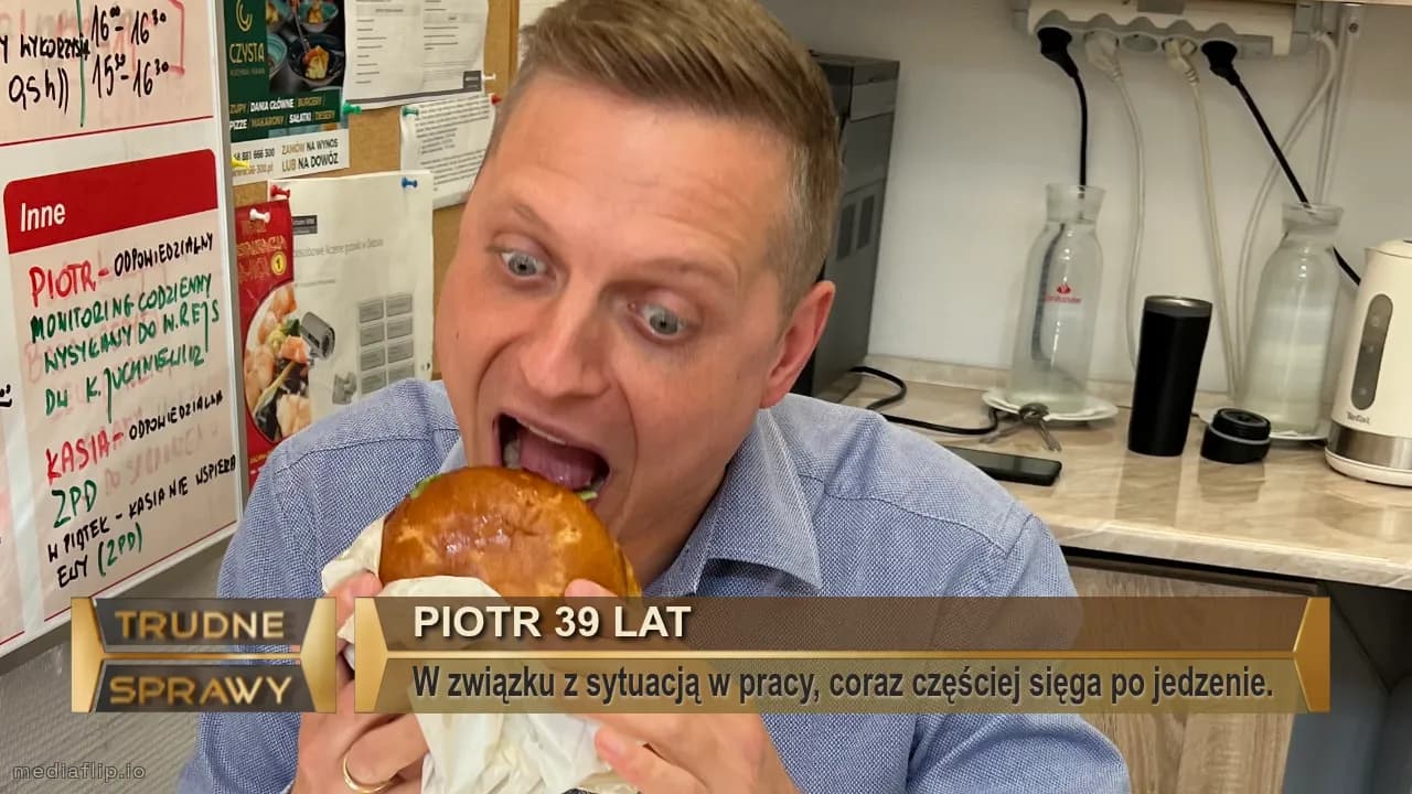 Piotr 39 lat
W związku z sytuacją w pracy, coraz częściej sięga po jedzenie.