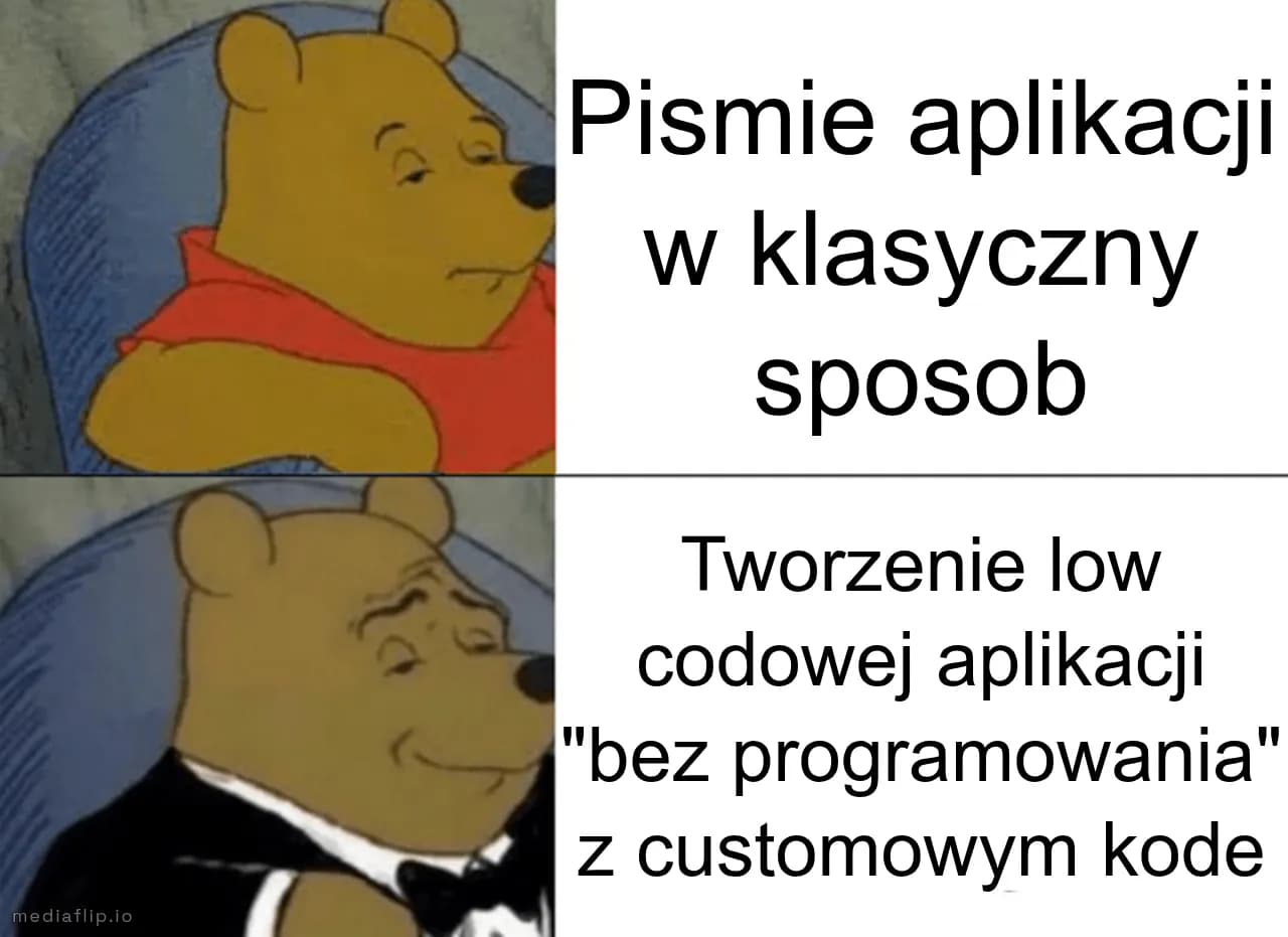 Tworzenie low codowej aplikacji "bez programowania" z customowym kode
Pismie aplikacji w klasyczny sposob