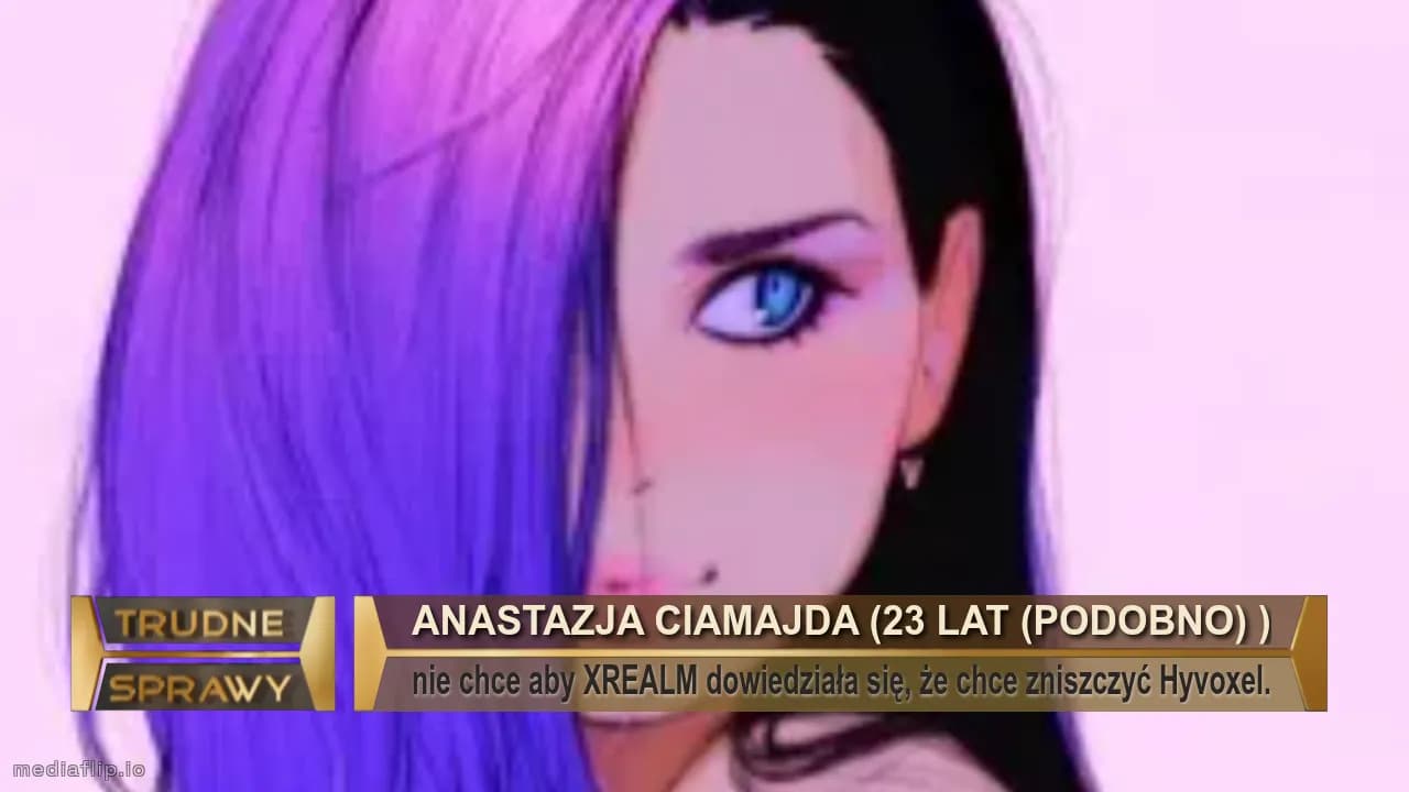 Anastazja ciamajda (23 lat (Podobno) )
nie chce aby XREALM dowiedziała się, że chce zniszczyć Hyvoxel.